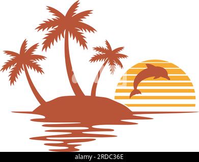Illustration of tropical island with palms, sunset and dolphin (summer design) Stock Vector
