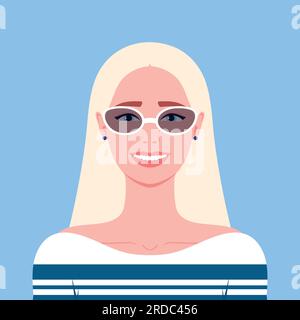 Young blonde woman in sunglasses and striped dress is smiling. Summer clothes. Girl portrait in a flat style Stock Vector