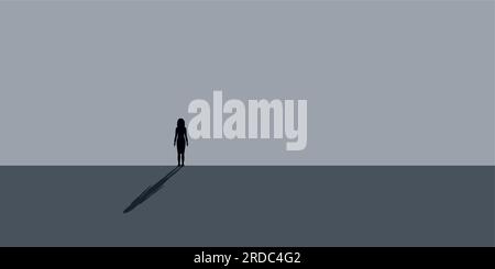 lonely sad woman stands in front of a gray wall Stock Vector