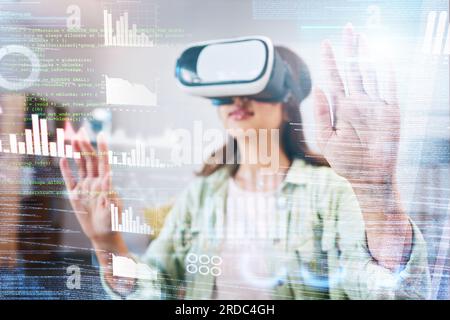 Business woman, vr and holographic chart with glasses, big data analysis or trading in metaverse. Futuristic finance expert, augmented reality vision Stock Photo