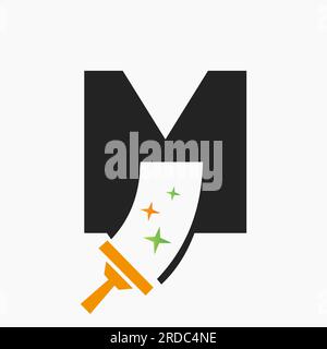 Letter M Cleaning Service Logo Design Concept With Clean Brush Symbol. House Clean Sign Stock Vector