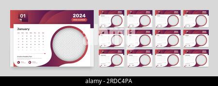 Minimalist modern desk calendar template design for 2024 with abstract gradient shapes and a custom image placeholder Stock Vector