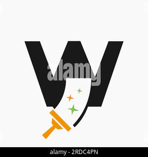 Letter W Cleaning Service Logo Design Concept With Clean Brush Symbol. House Clean Sign Stock Vector
