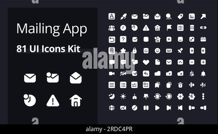 Mailing app white glyph ui icons kit for dark mode Stock Vector