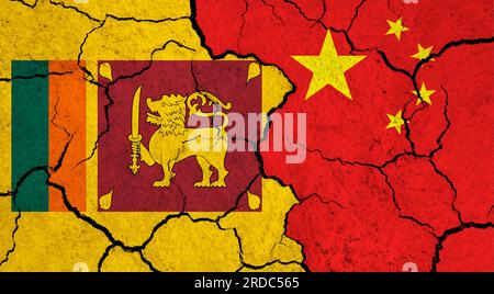 Flags of Sri Lanka and China on cracked surface - politics, relationship concept Stock Photo