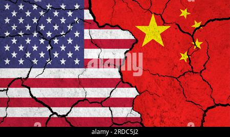 Flags of Usa and China on cracked surface - politics, relationship concept Stock Photo