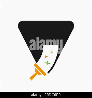 Letter V Cleaning Service Logo Design Concept With Clean Brush Symbol. House Clean Sign Stock Vector