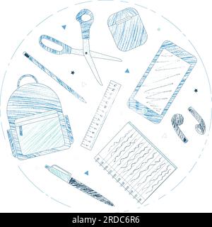 School supplies and e-learning items sketch style blue coloring pencils design circle composition vector Stock Vector