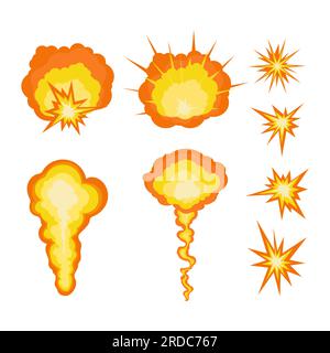 Explosion flash cartoon illustration, mushroom after explosion burning sparks. Vector isolated objects Stock Vector