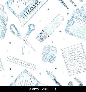 School supplies and e-learning items sketch style blue coloring pencils design seamless pattern vector Stock Vector