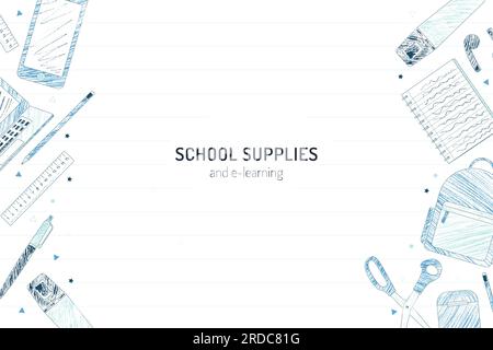 School supplies and e-learning items sketch style blue coloring pencils background design vector Stock Vector