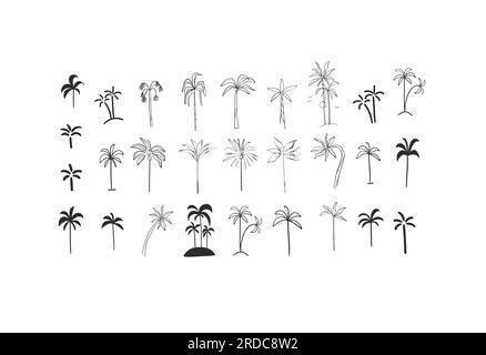 Hand drawn vector abstract minimalistic line art graphic drawing tropical exotic nature palm tree set icon sign collection isolated.Summer travel Stock Vector