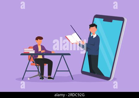 Cartoon flat style drawing of male student sitting on chair with desk studying staring at smartphone screen and inside laptop there is male lecturer w Stock Photo