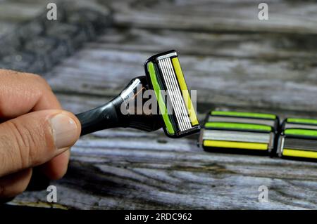 Six blade razor system with trimmer, smooth shaving with a patented six-blade shaving platform, double lubricating strips moisturizing the skin to eff Stock Photo