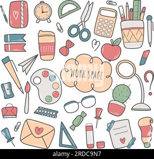 Hand drawn workspace set. Student stationery items, office worker or pupil doodle style collection. Cute attributes for work and study,isolated vector Stock Vector