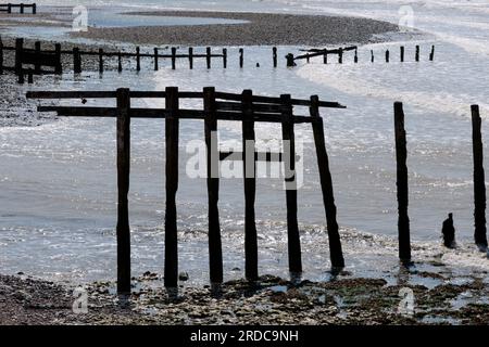 Surf and old timber groynes in a seascape image at seaford's nature reserve. A beach scene in mid summer worn and damaged wood structures at low tide Stock Photo