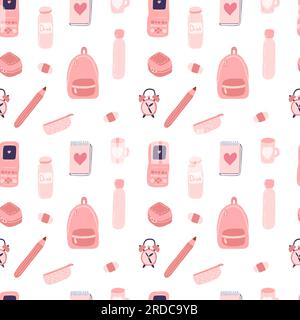 Pink school supplies pattern Stock Vector