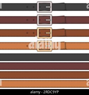 Set of color illustration of leather belt with buckle. Isolated vector object on white background. Stock Vector