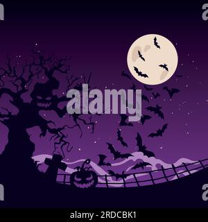 Halloween starry night on cemetery cartoon vector illustration. Stock Vector