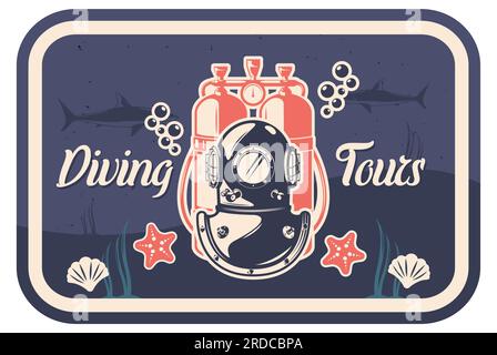Diving tours vintage typography poster template, vector illustration Stock Vector