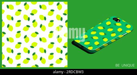 Modern smartphone in unique case decorated seamless pattern with whole lemon and leaves. Harvesting citrus fruits. Isometric top view. Vector ornament Stock Vector