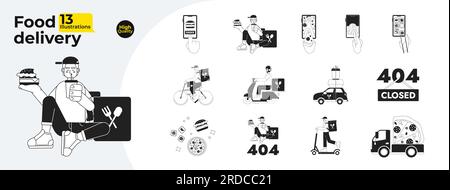 Food delivery monochrome concept vector spot illustrations bundle Stock Vector