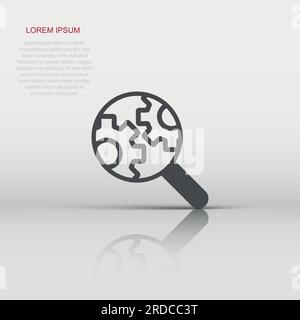 Loupe with gear icon in flat style. Magnifying glass vector illustration on white isolated background. Seo exploration business concept. Stock Vector