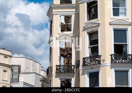 Remains of the ruined grade II listed Royal Albion Hotel after a fire broke out on Saturday 15th July 2023 in the City of Brighton, UK. Stock Photo