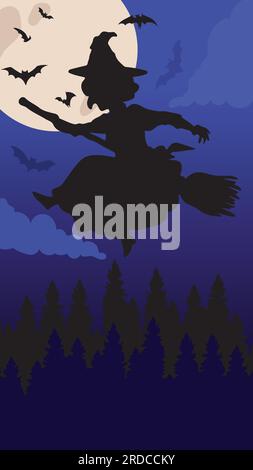 Witch and bats flying in front of full moon cartoon vector illustration ...