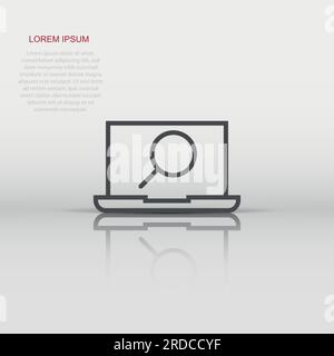 Computer search icon in flat style. Laptop with magnifying glass vector illustration on white isolated background. Device display business concept. Stock Vector