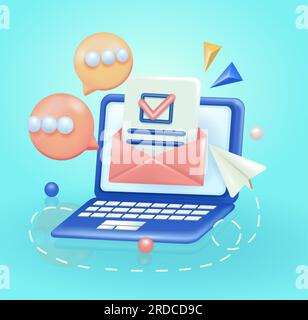 Opening email in laptop, with paper airplane elements and text balloons, online communication. 3d vector illustration for web design Stock Vector