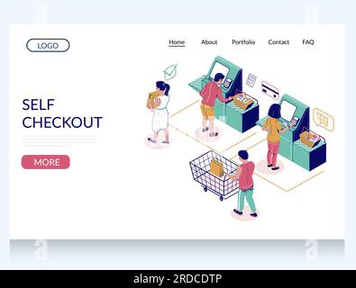 Self checkout vector website landing page design template Stock Vector