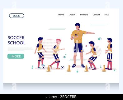 Soccer school vector website landing page design template Stock Vector