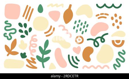 Big set of colorful hand painted various shapes, curls, forms, brush strokes and doodle objects. Stock Vector