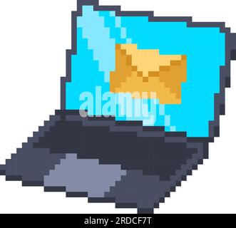 Pixel art laptop with email notification icon on the screen. Isometric PC retro video game graphic. Vector illustration Stock Vector