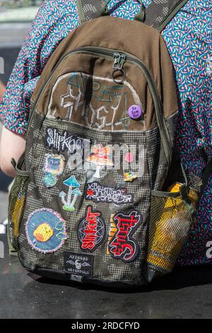 Embroidered knapsack with American punk rock band names & Xe / Xem / Xir a set of gender-neutral pronouns patches in Southport, UK Stock Photo