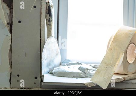 Home renovation new wall plaster interior work Stock Photo