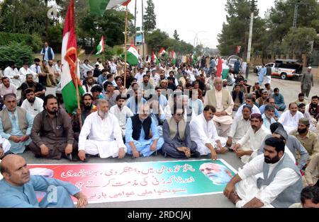 Members of Pashtunkhwa Milli Awami Party (PKMAP) are holding protest demonstration against unrest law and order situation in city, outside Balochistan Assembly building in Quetta on Thursday, July 20, 2023. Stock Photo