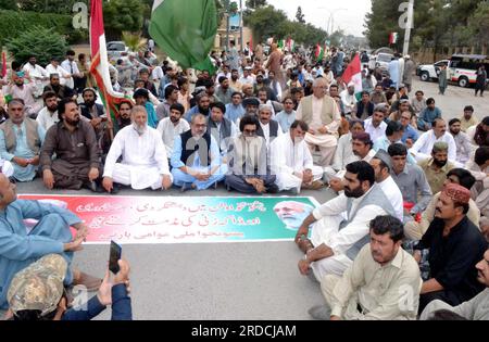 Members of Pashtunkhwa Milli Awami Party (PKMAP) are holding protest demonstration against unrest law and order situation in city, outside Balochistan Assembly building in Quetta on Thursday, July 20, 2023. Stock Photo