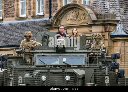 Frnge performers of  Ctrl Room with British soldiers & Mastiff military vehicle, Redford Army Barracks, Edinburgh, Scotland, UK Stock Photo