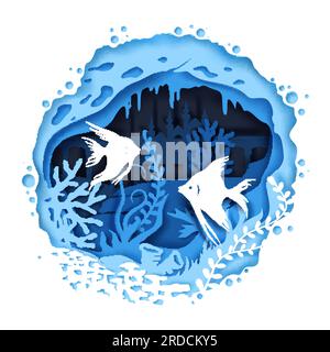 Vector layered paper cut style undersea cave, tropical exotic fish, aquatic plants and sunken city buildings. Aquarium, deep ocean bottom landscape, f Stock Vector