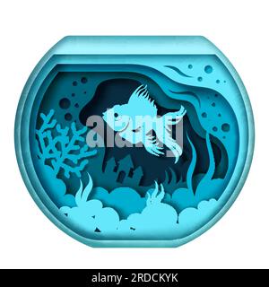 Vector layered paper cut style glass aquarium with underwater plants, exotic fish and stones. Home fishbowl with beautiful marine pet fish in paper ar Stock Vector