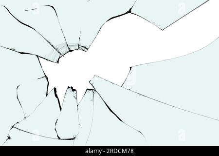 Broken glass texture crack with a hole in the center of the window on a white background Stock Photo