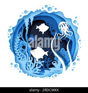 Underwater world, vector illustration in paper art style Stock Vector