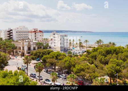 View of the boulevard, the beach and the sea at the touristic place Palma on Mallorca. Stock Photo