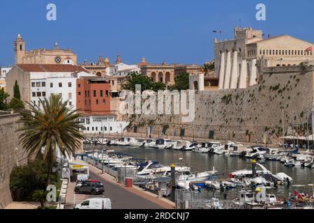 Marina of Ciutadella de Menorca overlooking the cathedral and town hall. Stock Photo