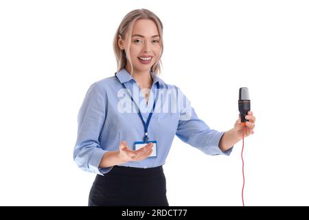 Female journalist with microphone on white background Stock Photo