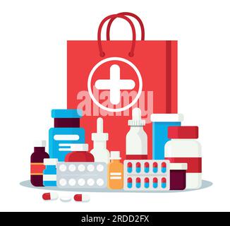 Pharmacy set items. Medicines, medical products. Vector illustration in flat cartoon style. Stock Vector