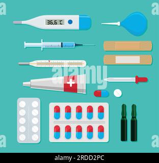 Pharmacy set items. Medicines, medical products. Vector illustration in flat cartoon style. Stock Vector