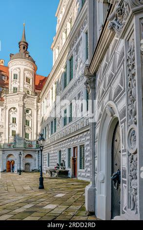 Historic wall painting at the facade in the inner courtyard Dresden Residenzschloss, Saxony, Germany Stock Photo